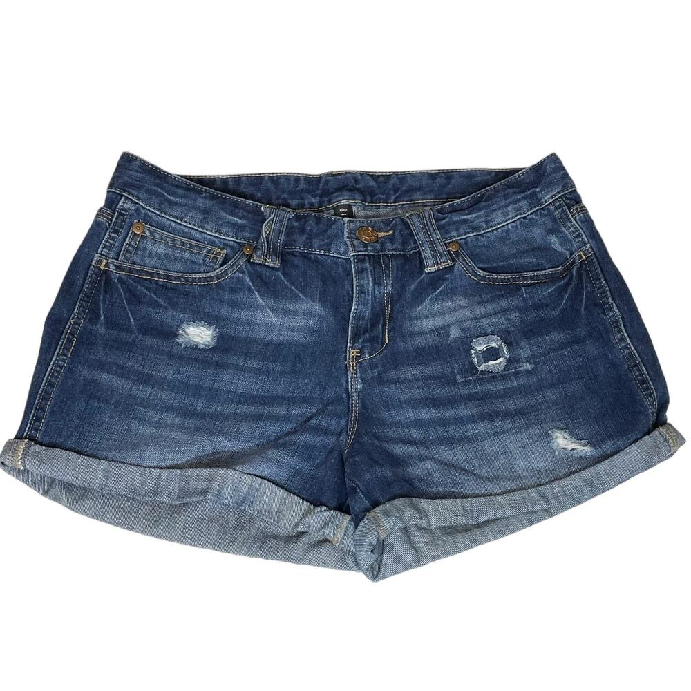 Gap Women’s Size 10 Factory Distressed Roll Hem Denim Shorts Dark Wash Mid Rise